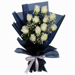 White Rose Flower Bouquet wih Black Wrapping